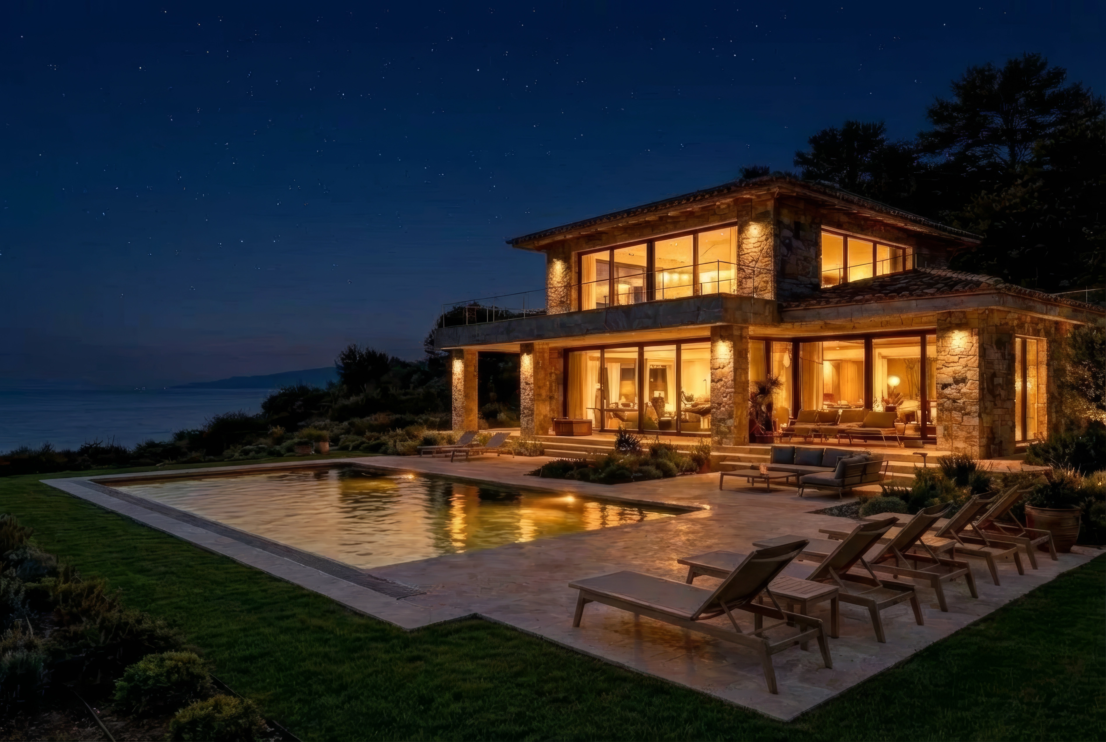 Provençal villa — exterior night view, facade and pool illumination