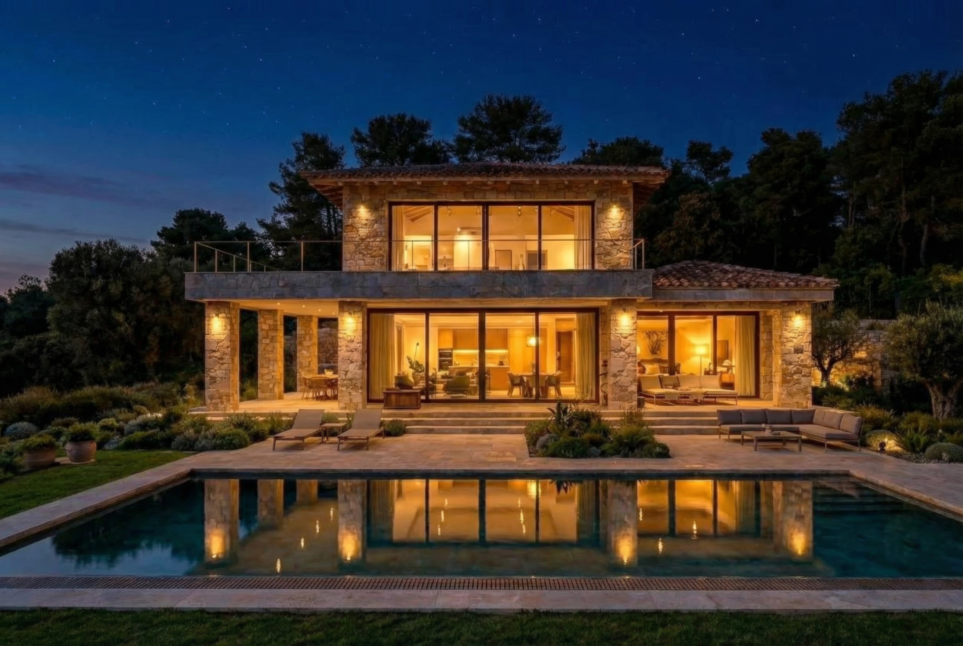 Provençal villa — facade material detail, night view, architectural lighting