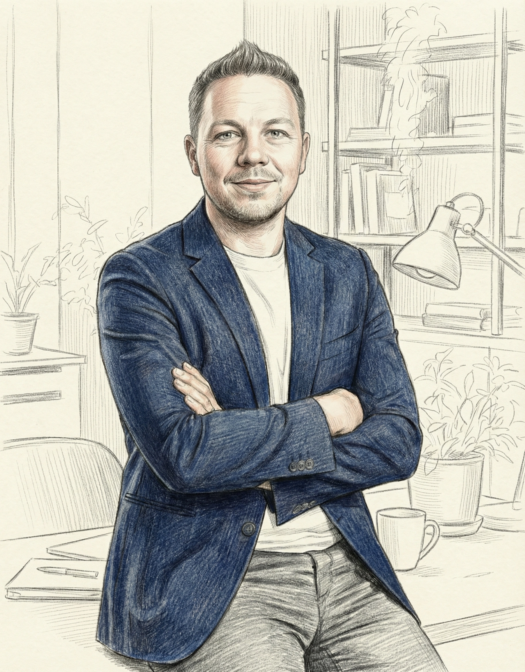 Portrait d’Adrien, fondateur d’OPUS — cadrage buste, style archive moderne