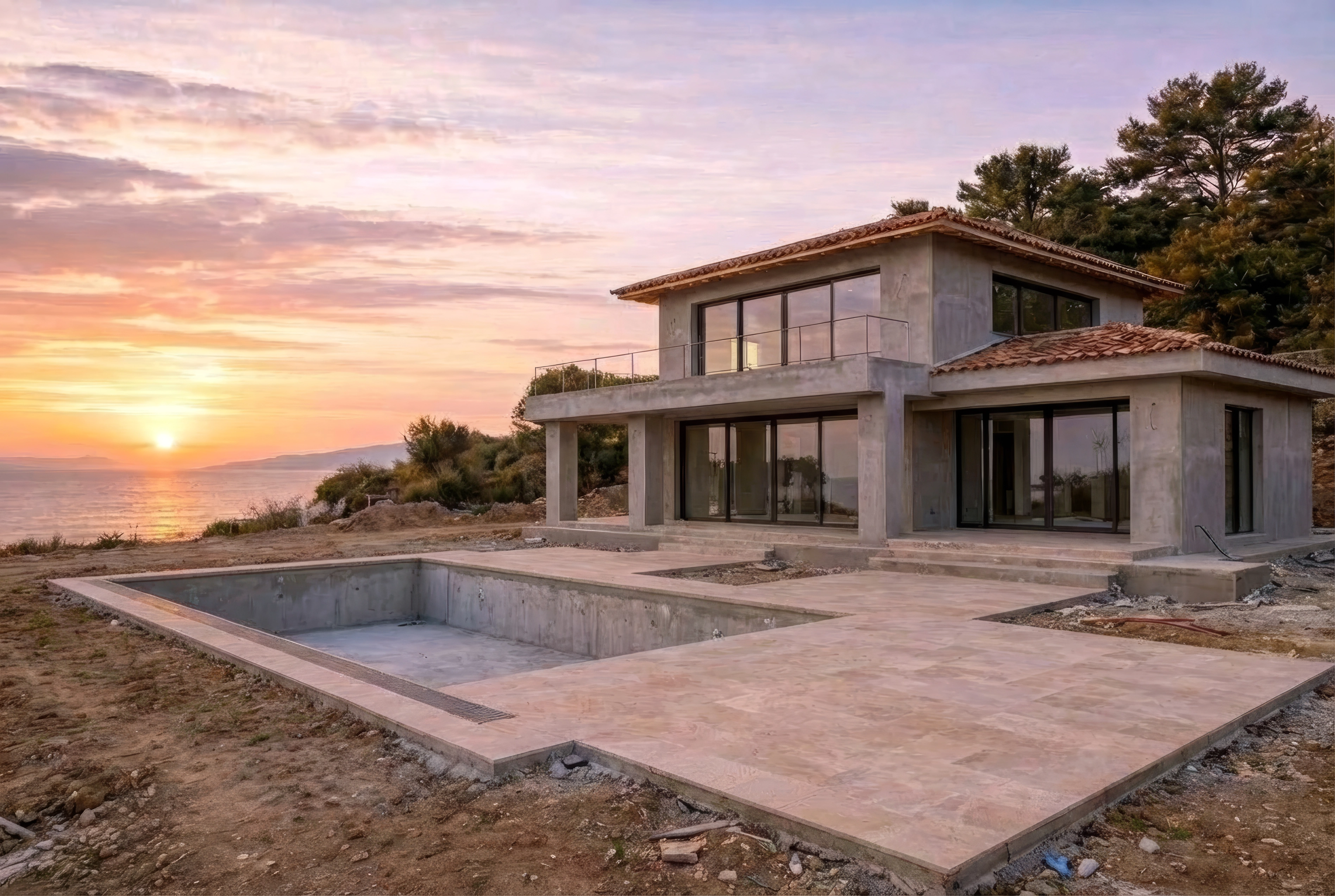 Villa provençale en construction au coucher de soleil