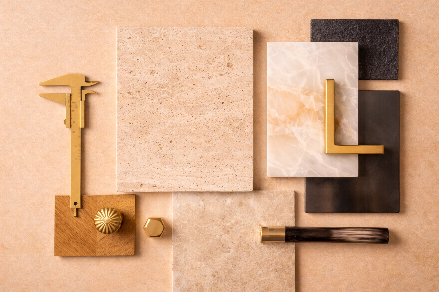 Moodboard matériaux — marbres, laiton, bois, pierre naturelle