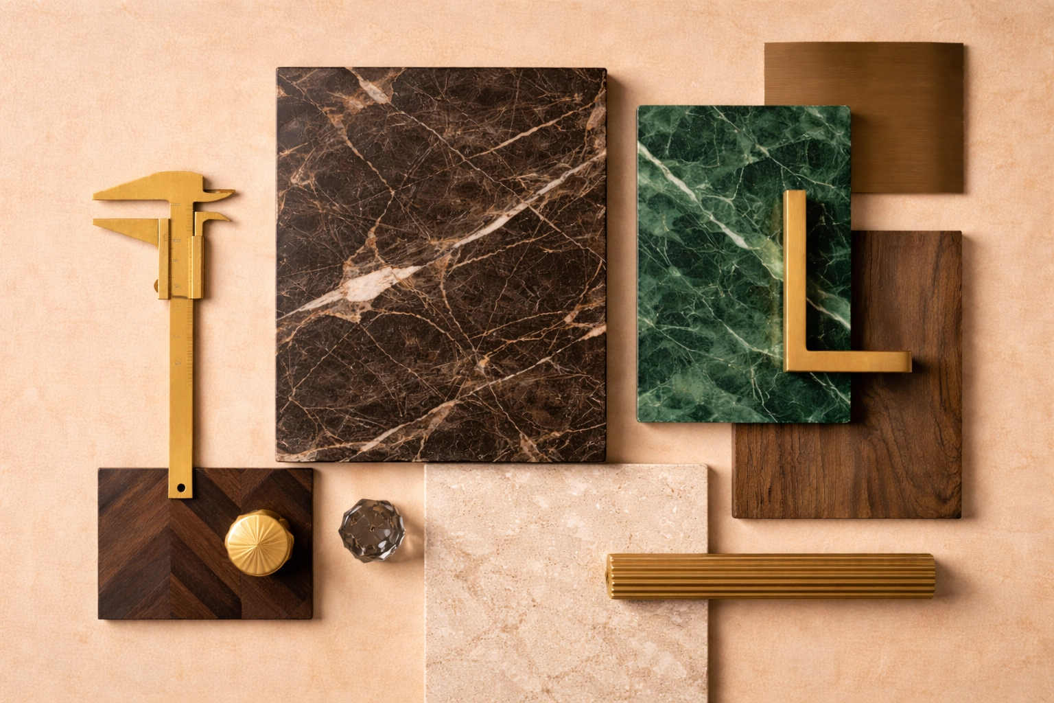 Moodboard matériaux — marbre brun, marbre vert, noyer, laiton