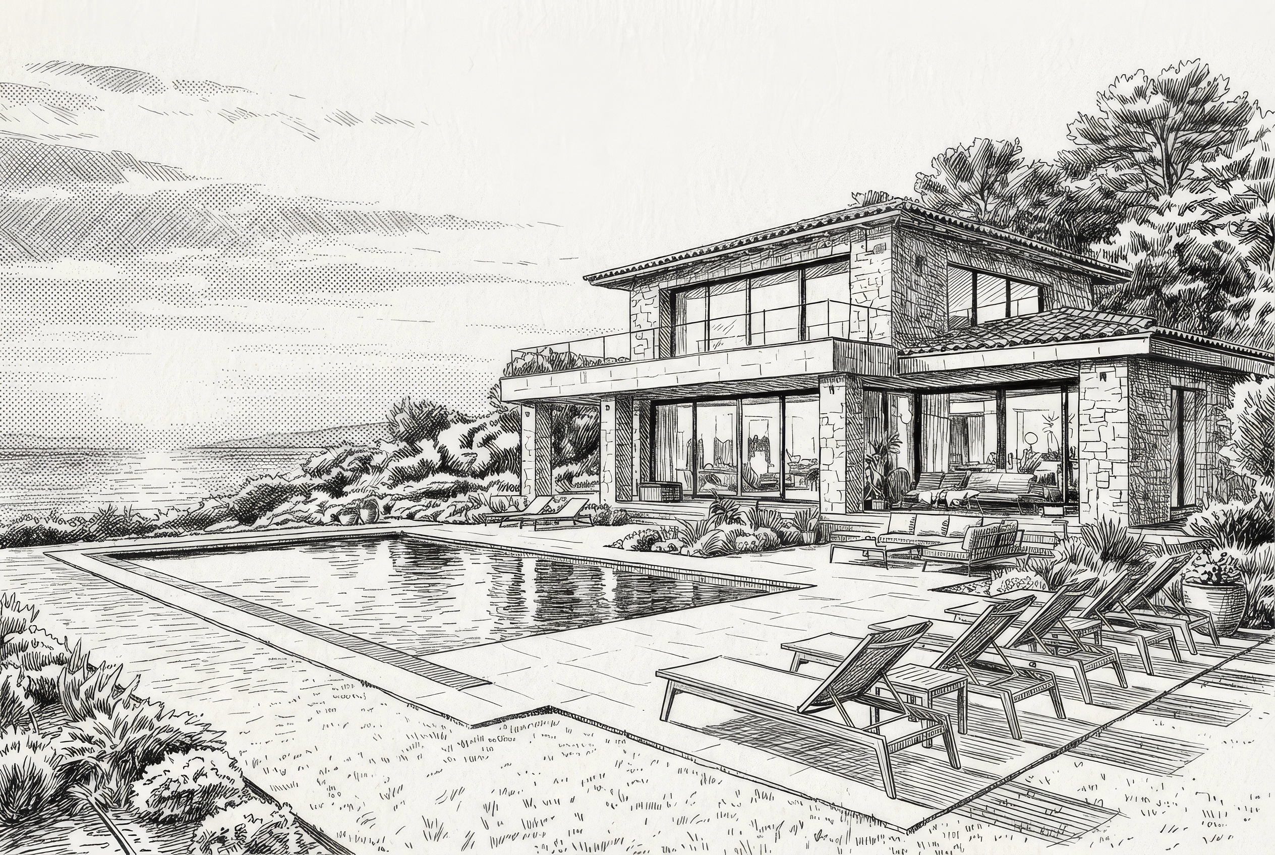 Villa provençale avec piscine — dessin architectural à l’encre