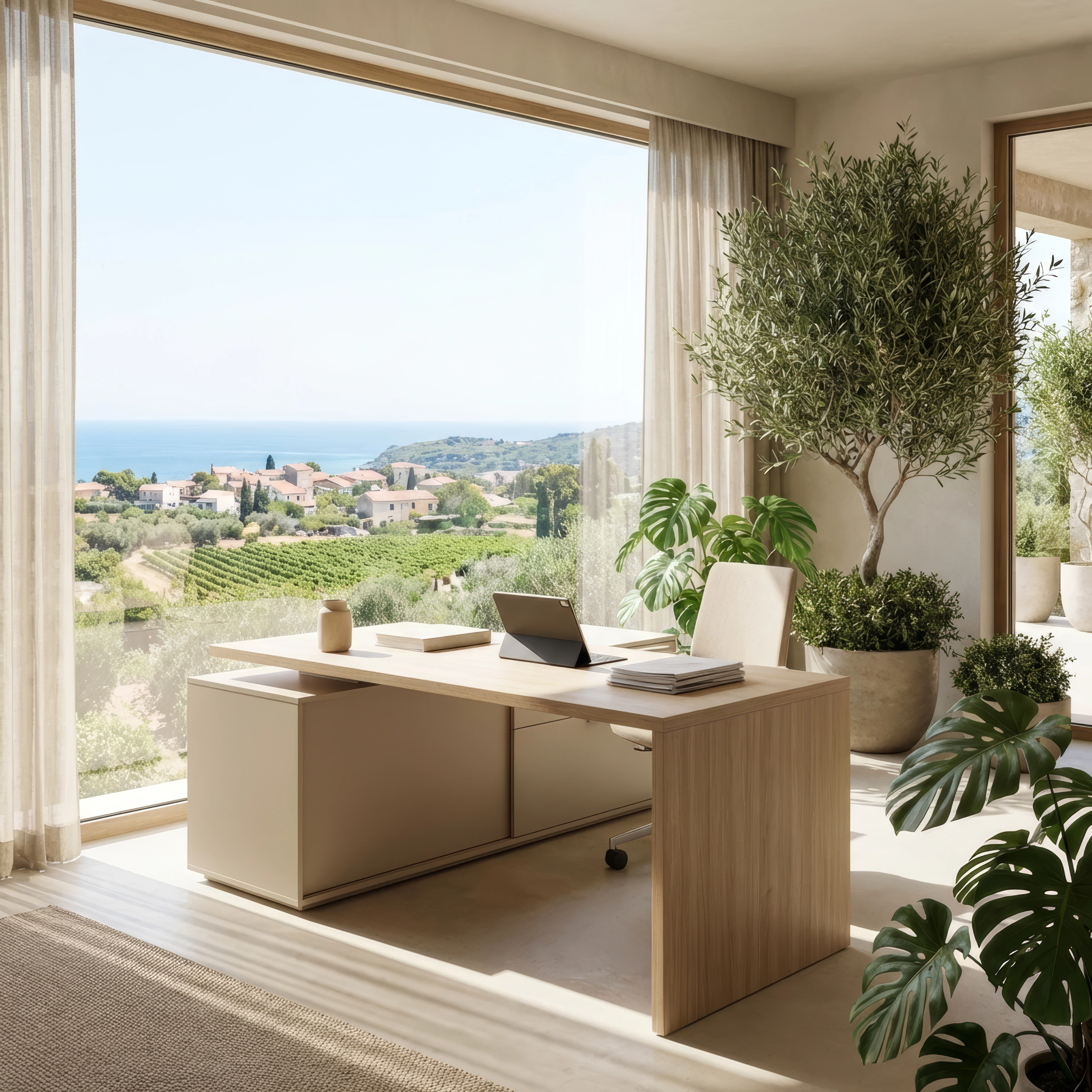Bureau épuré avec vue sur le Golfe de Saint-Tropez — lumière du jour